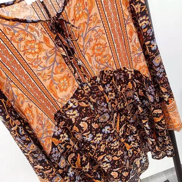 Rust Bohemian Floral Button Neck 3/4 Sleeve Blouse Top w/ Tie - Picture 4 of 4